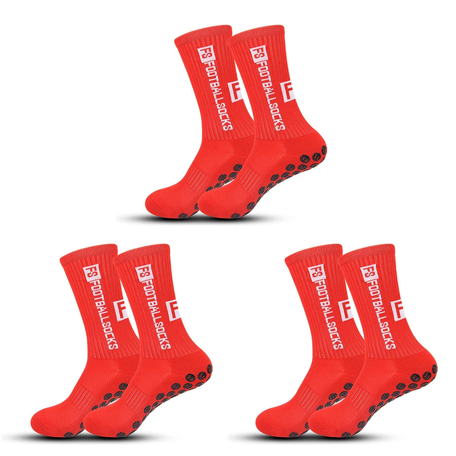 3 Pairs Non-Slip Football Socks - Unisex Sports Socks for Soccer Red