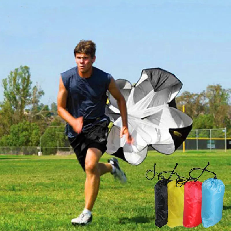 A man running with the drag parachute